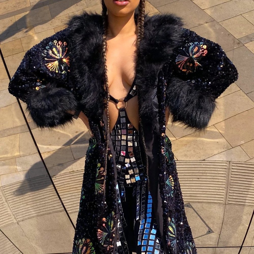 Sequin Black Faux Fur Kimono (Festival, Burning Man, Rave)